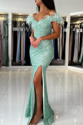 Off The Shoulder Light Green Split Front Prom Dress with Sequins