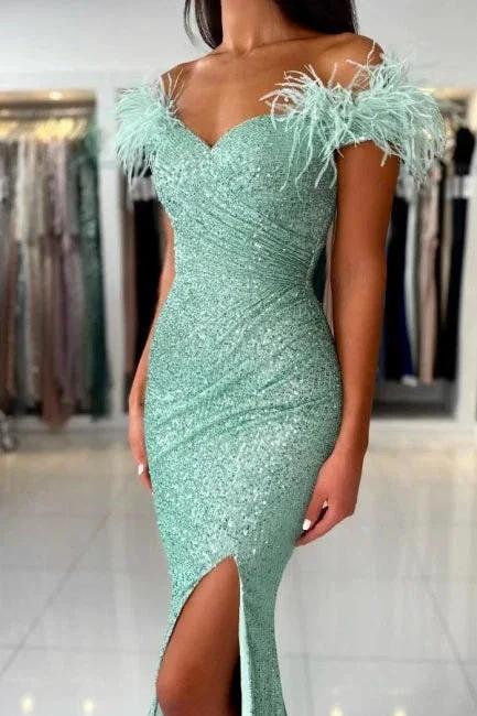 Off The Shoulder Light Green Split Front Prom Dress with Sequins by misshow.com