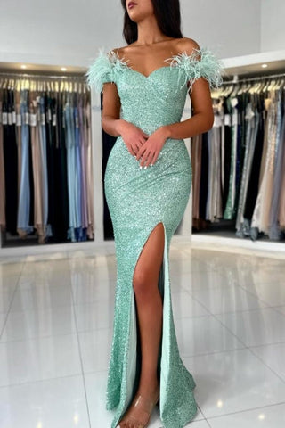 Off The Shoulder Light Green Split Front Prom Dress with Sequins