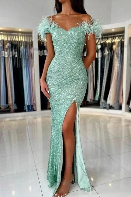 Off The Shoulder Light Green Split Front Prom Dress with Sequins by misshow.com