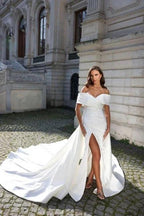 Off The Shoulder Stain Split Front Mermaid Princess Wedding Dress with Ruffles by misshow.com