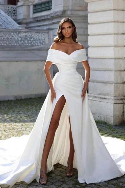Off The Shoulder Stain Split Front Mermaid Princess Wedding Dress with Ruffles by misshow.com