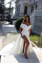 Off The Shoulder Stain Split Front Mermaid Princess Wedding Dress with Ruffles by misshow.com