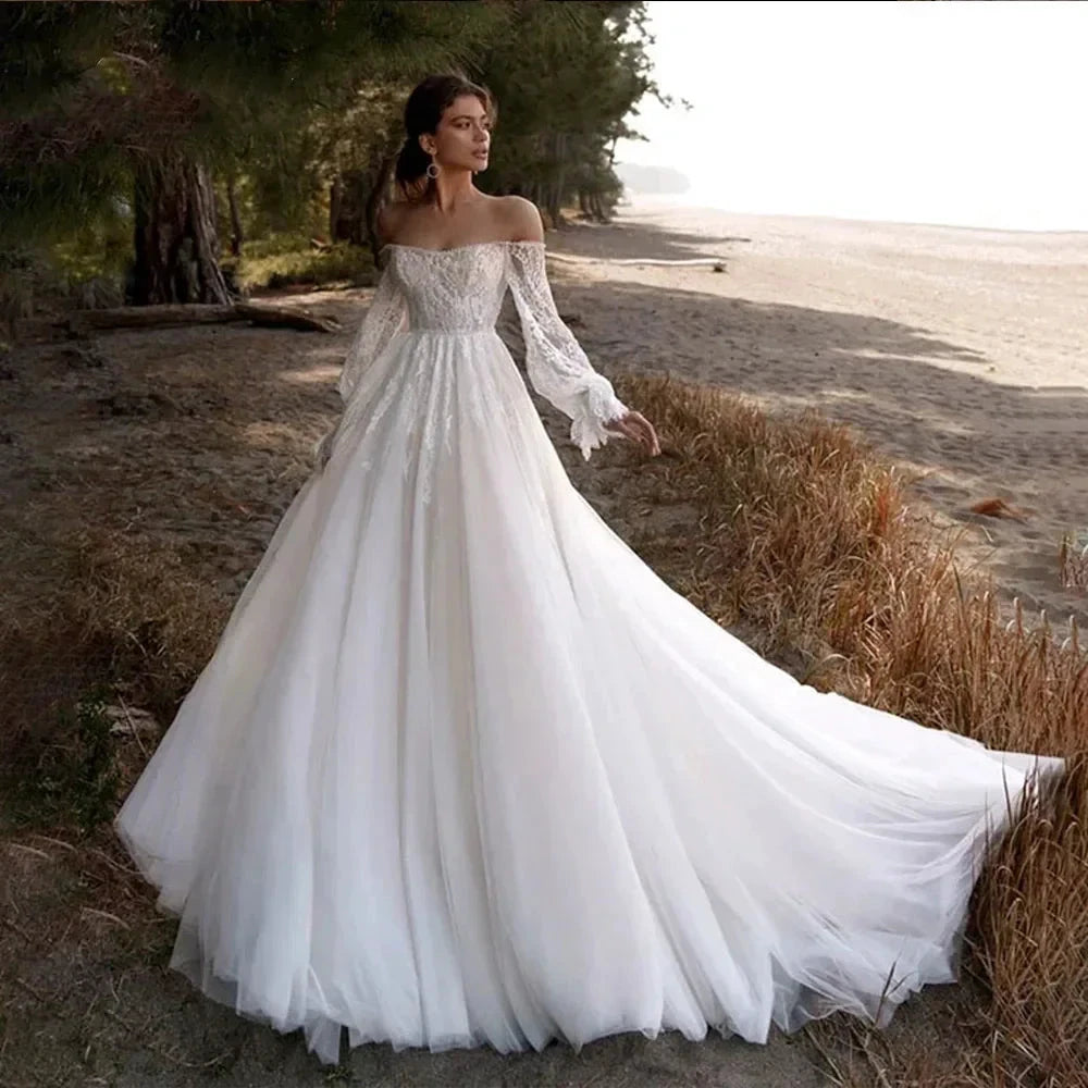 Off The Shoulder Wedding Dress Lace Applique Sweetheart Bridal Gown Puff Long Sleeves свадебное платье Vestido De Novia by payinti