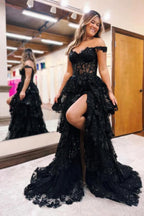Long Off-the-Shoulder Black Lace A-line Evening Prom Dress with Side Split by BIZTUNNEL