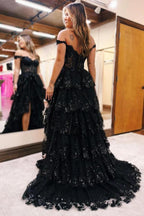 Long Off-the-Shoulder Black Lace A-line Evening Prom Dress with Side Split by BIZTUNNEL