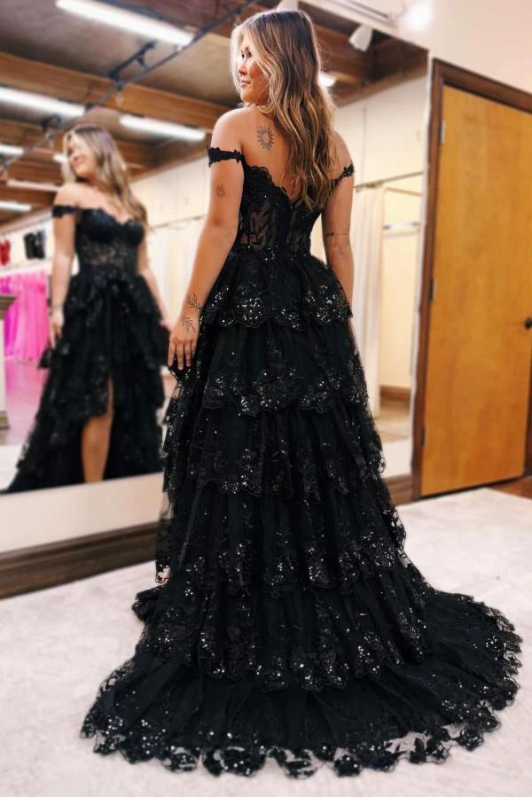 Long Off-the-Shoulder Black Lace A-line Evening Prom Dress with Side Split by BIZTUNNEL