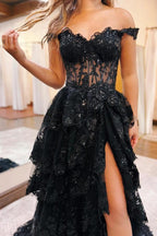 Long Off-the-Shoulder Black Lace A-line Evening Prom Dress with Side Split by BIZTUNNEL