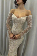 Off-the-Shoulder Glitter Pearls Evening Dresses Mermaid Long Sleeves Prom Dress with Beadings by misshow.com