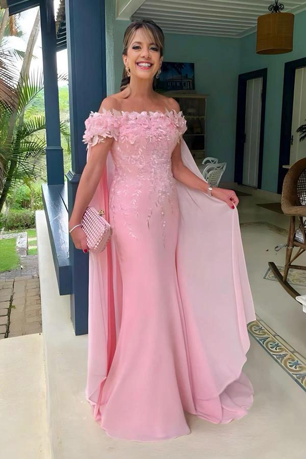 Long Mermaid Off the Shoulder Satin Flowers Evening Dresses with Cape by BIZTUNNEL