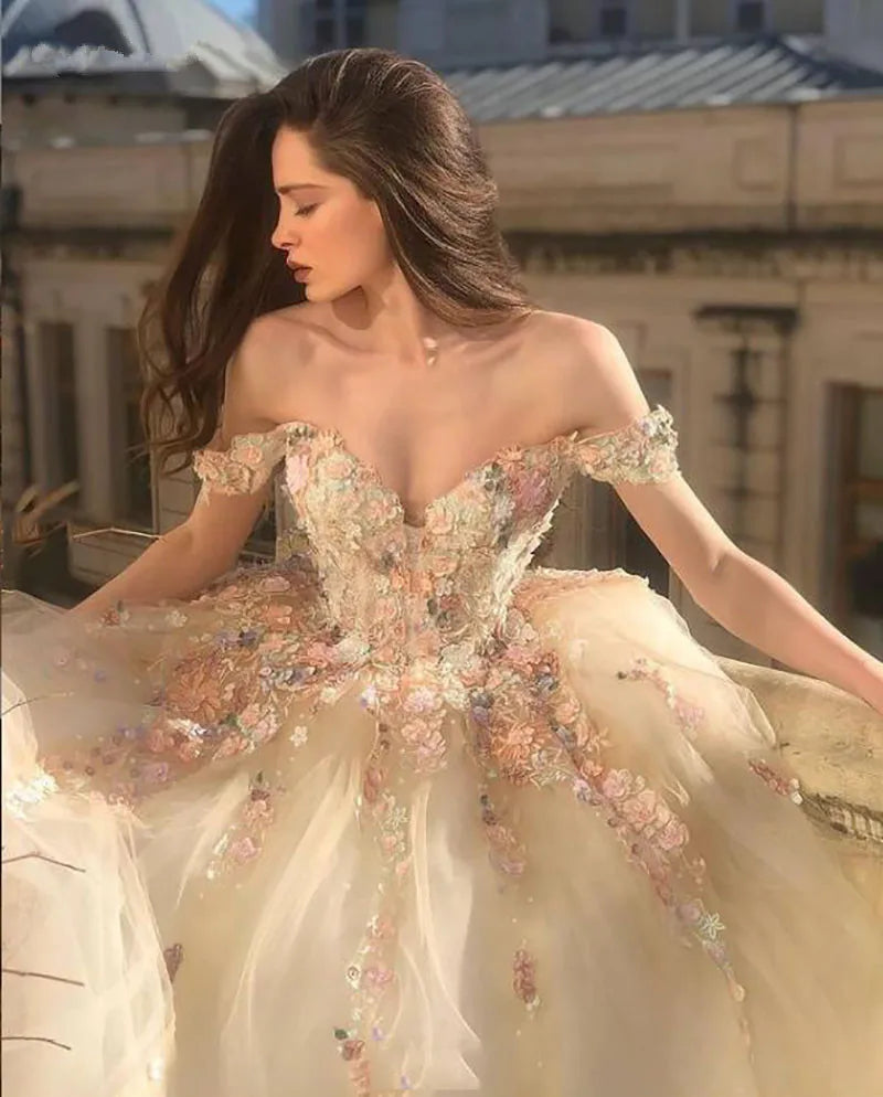 Off the Shoulder Sweetheart Tulle Long Evening Gowns 3D Flowers Appliques Formal Party Dresses Princess Ball Gown Prom Dresses