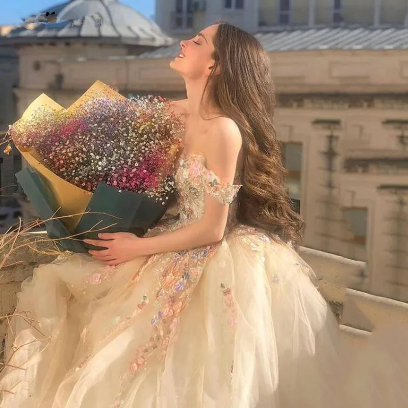 Off the Shoulder Sweetheart Tulle Long Evening Gowns 3D Flowers Appliques Formal Party Dresses Princess Ball Gown Prom Dresses