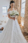 Elegant White Long A-line Off the Shoulder Tulle Floral Lace Wedding Dress by BIZTUNNEL