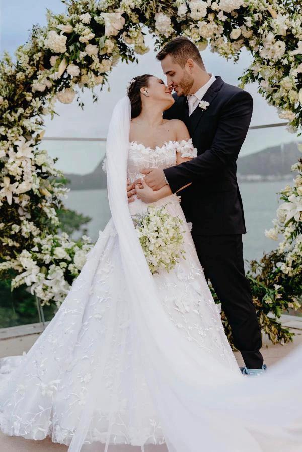 Elegant White Long A-line Off the Shoulder Tulle Floral Lace Wedding Dress by BIZTUNNEL