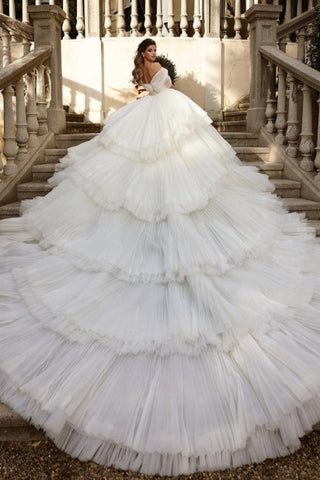Off the Shoulder White Tulle Ruffles Luxury Wedding Dress
