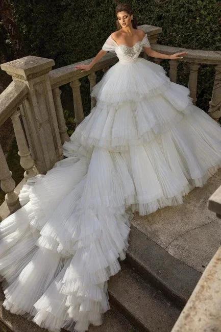 Off the Shoulder White Tulle Ruffles Luxury Wedding Dress by misshow.com