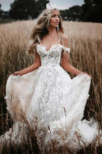 Off-the-Shoulder Tulle Lace Flowers Rustic Wedding Dresses Boho Wedding Gown WD631 by pgmdress