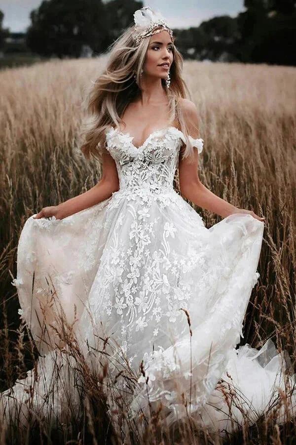 Off-the-Shoulder Tulle Lace Flowers Rustic Wedding Dresses Boho Wedding Gown WD631 by pgmdress