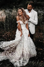 Off-the-Shoulder Tulle Lace Flowers Rustic Wedding Dresses Boho Wedding Gown WD631 by pgmdress