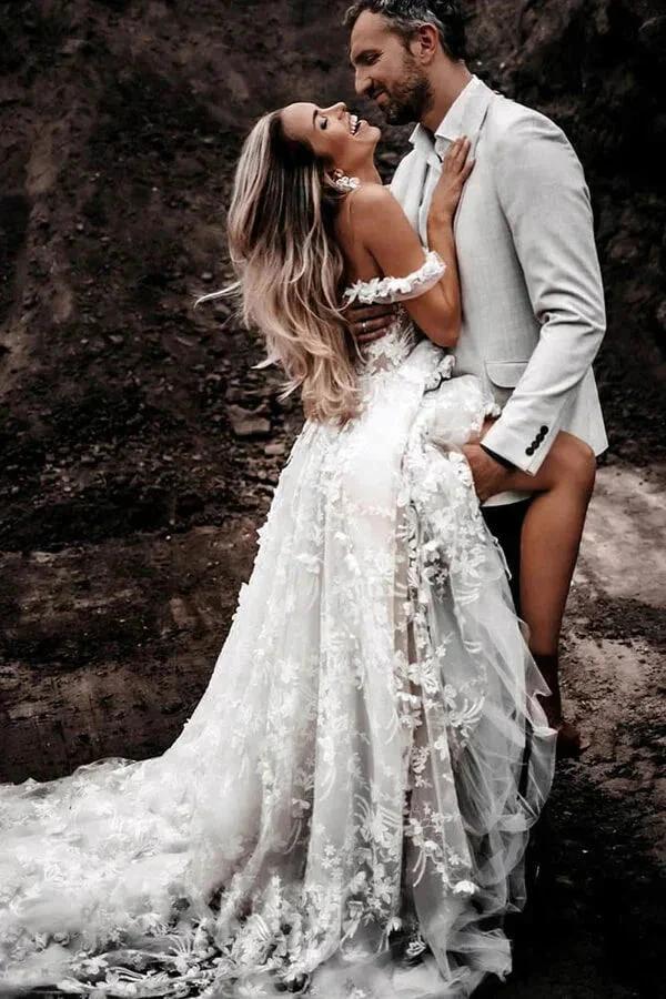 Off-the-Shoulder Tulle Lace Flowers Rustic Wedding Dresses Boho Wedding Gown WD631 by pgmdress
