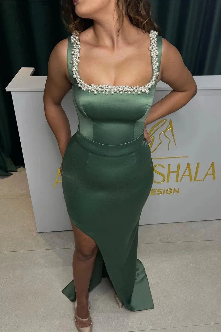 Off the shoulder Mermaid Split Front Stain Prom Dress with Beadings by misshow.com