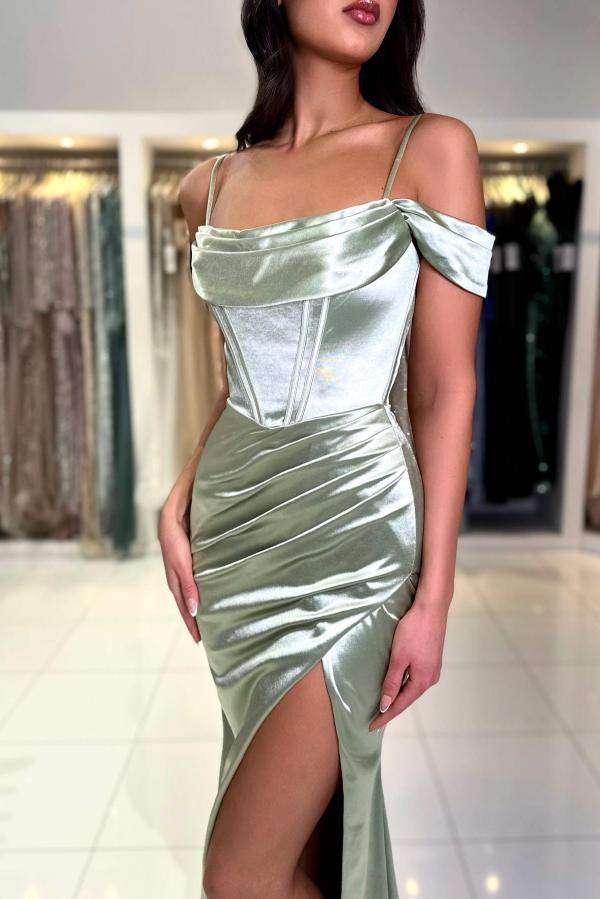 Charming Floor-Length Off-The-Shoulder Satin Mermaid Prom Dresses with Split