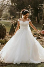 Off the shoulder White Garden Ball Gown Wedding Dress by misshow.com