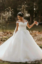Off the shoulder White Garden Ball Gown Wedding Dress by misshow.com