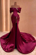 Off-the-shoulder Satin Long Split Front Mermaid Prom Dresses With Beads by BIZTUNNEL