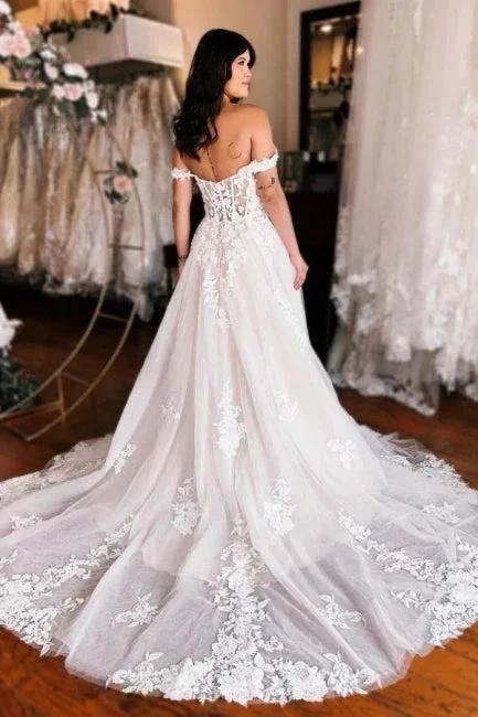 Off the shoulder high split A-line Lace Wedding Dress by misshow.com