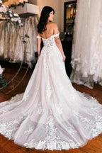 Off the shoulder high split A-line Lace Wedding Dress by misshow.com