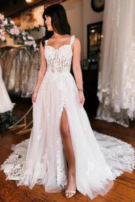 Off the shoulder high split A-line Lace Wedding Dress by misshow.com