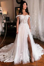 Off the shoulder high split A-line Lace Wedding Dress by misshow.com