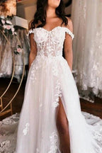 Off the shoulder high split A-line Lace Wedding Dress by misshow.com