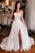 Off the shoulder high split A-line Lace Wedding Dress by misshow.com