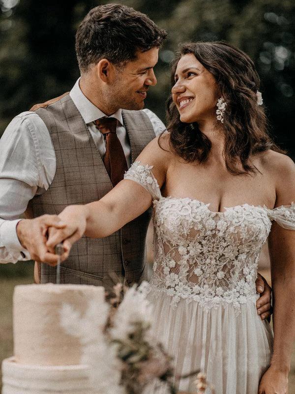Off The Shoulder Beaded A-line Wedding Dresses Lace Appliqued Gowns WD589 by pgmdress