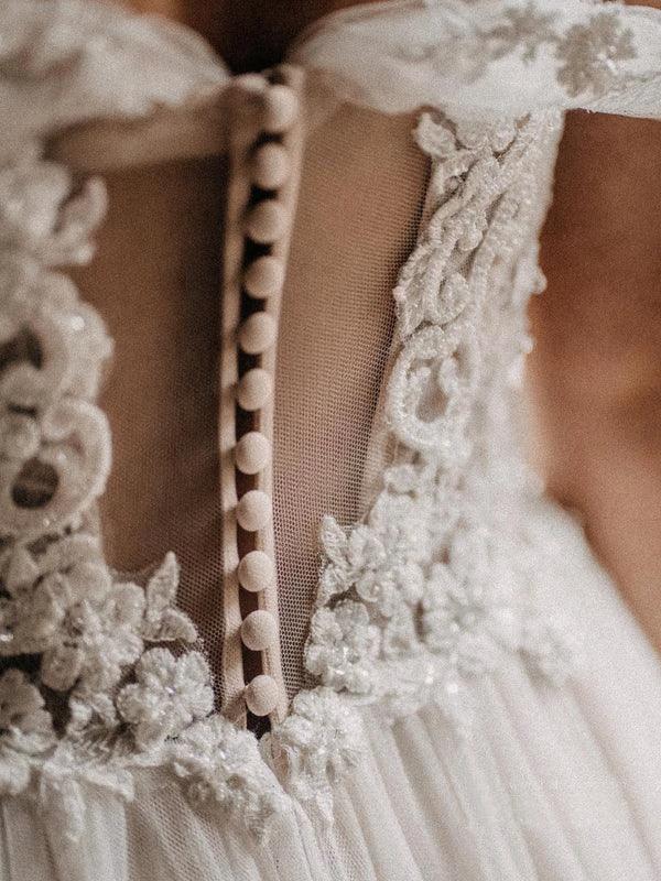 Off The Shoulder Beaded A-line Wedding Dresses Lace Appliqued Gowns WD589 by pgmdress