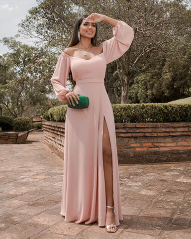 Vestido de fiesta de gasa con hombros descubiertos y abertura SYP170 
