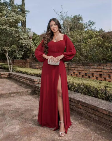 Vestido de fiesta de gasa con hombros descubiertos y abertura SYP170 