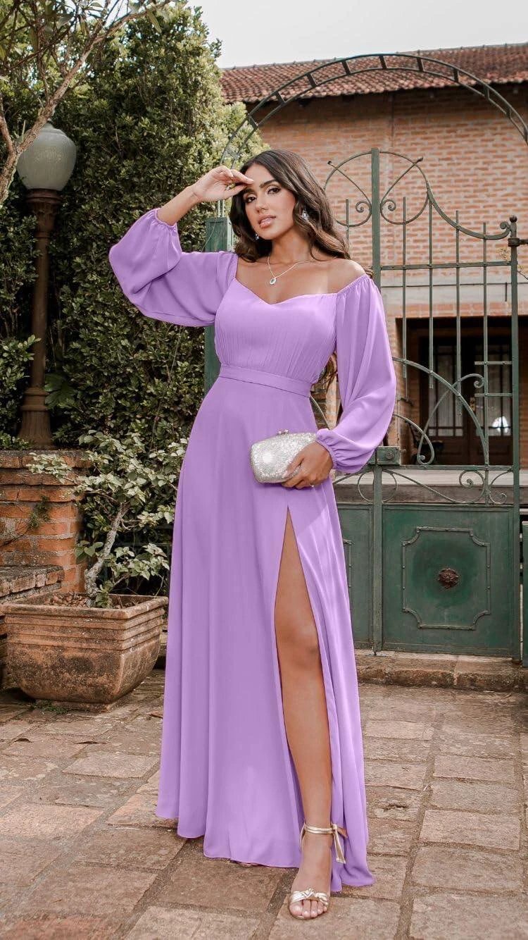 Off Shoulder Chiffon Prom Dress with Slit SYP170 by vivymakudress