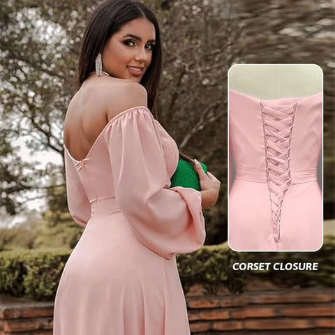 Vestido de fiesta de gasa con hombros descubiertos y abertura SYP170 