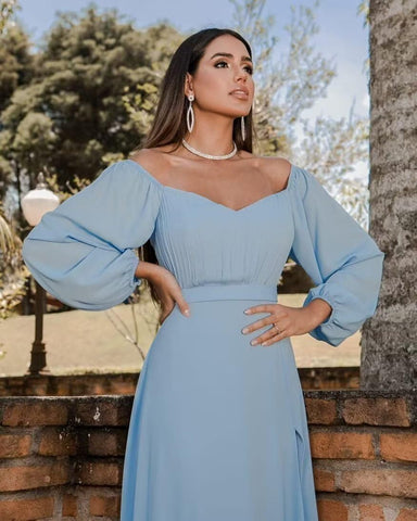 Vestido de fiesta de gasa con hombros descubiertos y abertura SYP170 