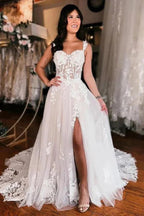 Off Shoulder Elegant Wedding Dress Boho Wedding Dress With Slit WD735 by pgmdress