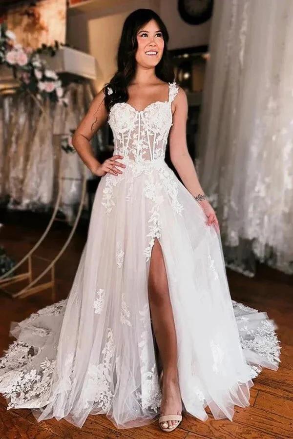Off Shoulder Elegant Wedding Dress Boho Wedding Dress With Slit WD735 by pgmdress