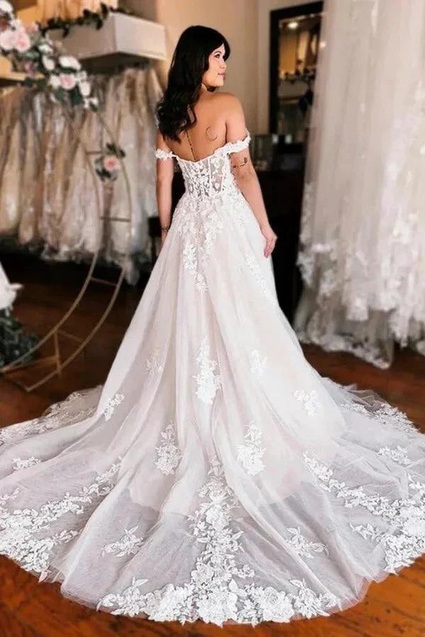 Off Shoulder Elegant Wedding Dress Boho Wedding Dress With Slit WD735 by pgmdress