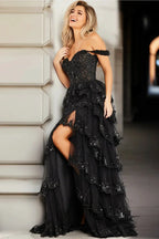 Tiered Ruffle Prom Dress High Slit Corset Prom Dress SYP174 by vivymakudress