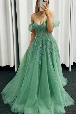 Vestido de fiesta largo de encaje verde con hombros descubiertos, vestido formal verde PSK549