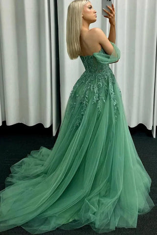 Vestido de fiesta largo de encaje verde con hombros descubiertos, vestido formal verde PSK549