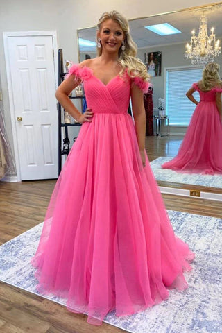 Vestidos de fiesta de tul rosa intenso con hombros descubiertos y flores 3D PSK534