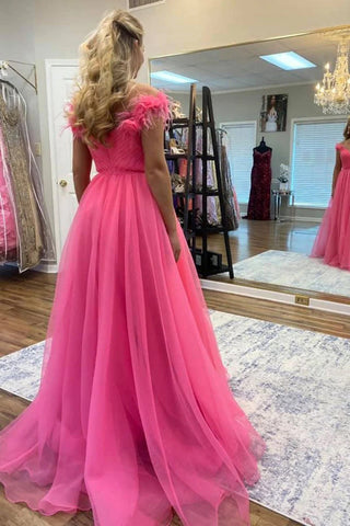 Vestidos de fiesta de tul rosa intenso con hombros descubiertos y flores 3D PSK534